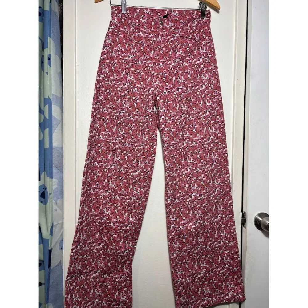 H&M Divided Floral Jeans 6 Pink All Over Print Wide Leg Preppy Twee Maximalist - Picture 2 of 4